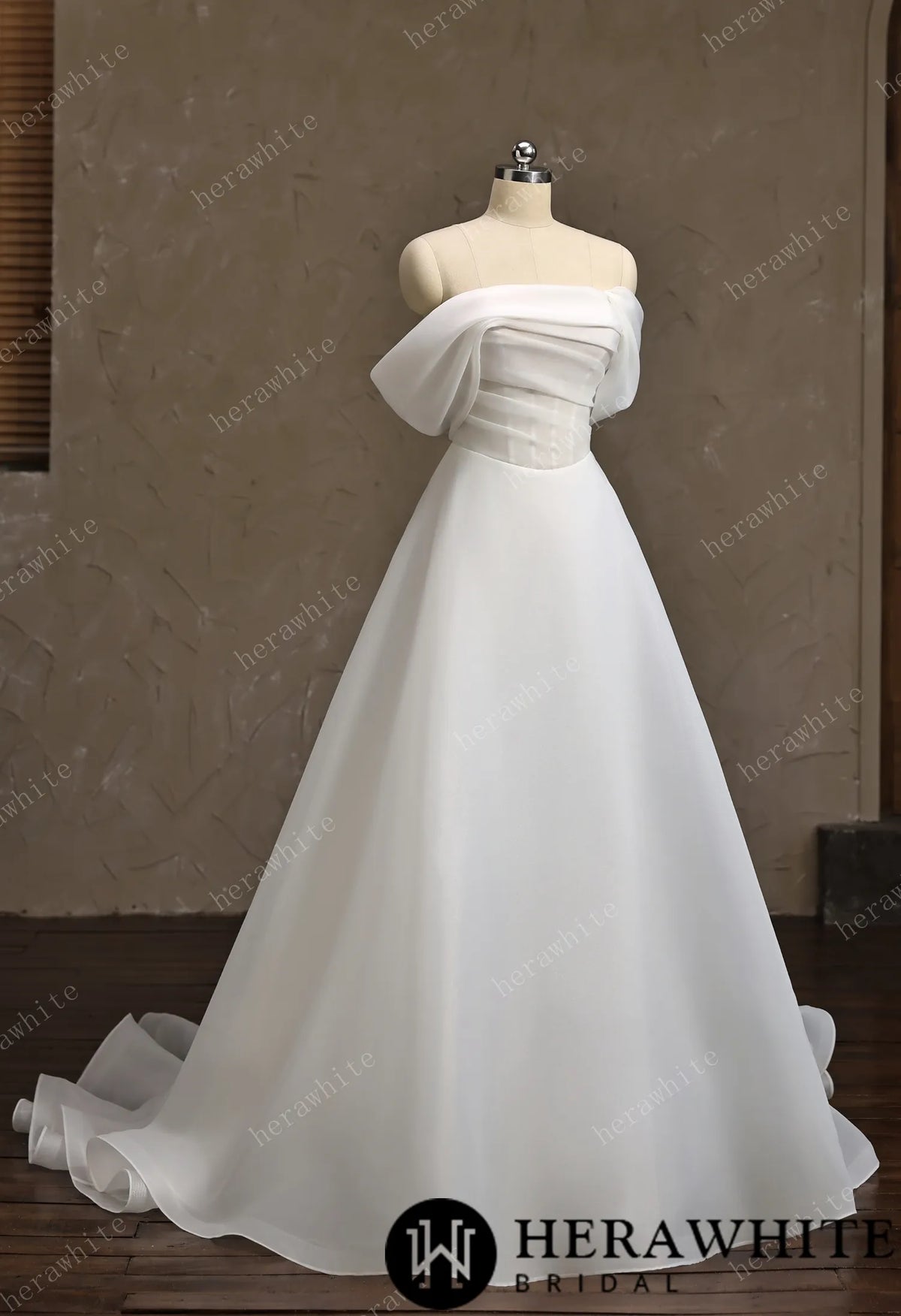 Off-the-Shoulder Draped Organza  A-Line Wedding Gown HW3859
