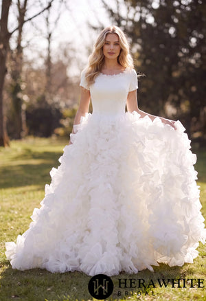 Satin Organza Ball Gown Wedding Dress - Short Sleeves HW3890