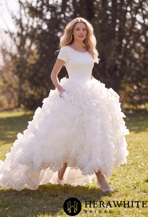 Satin Organza Ball Gown Wedding Dress - Short Sleeves HW3890