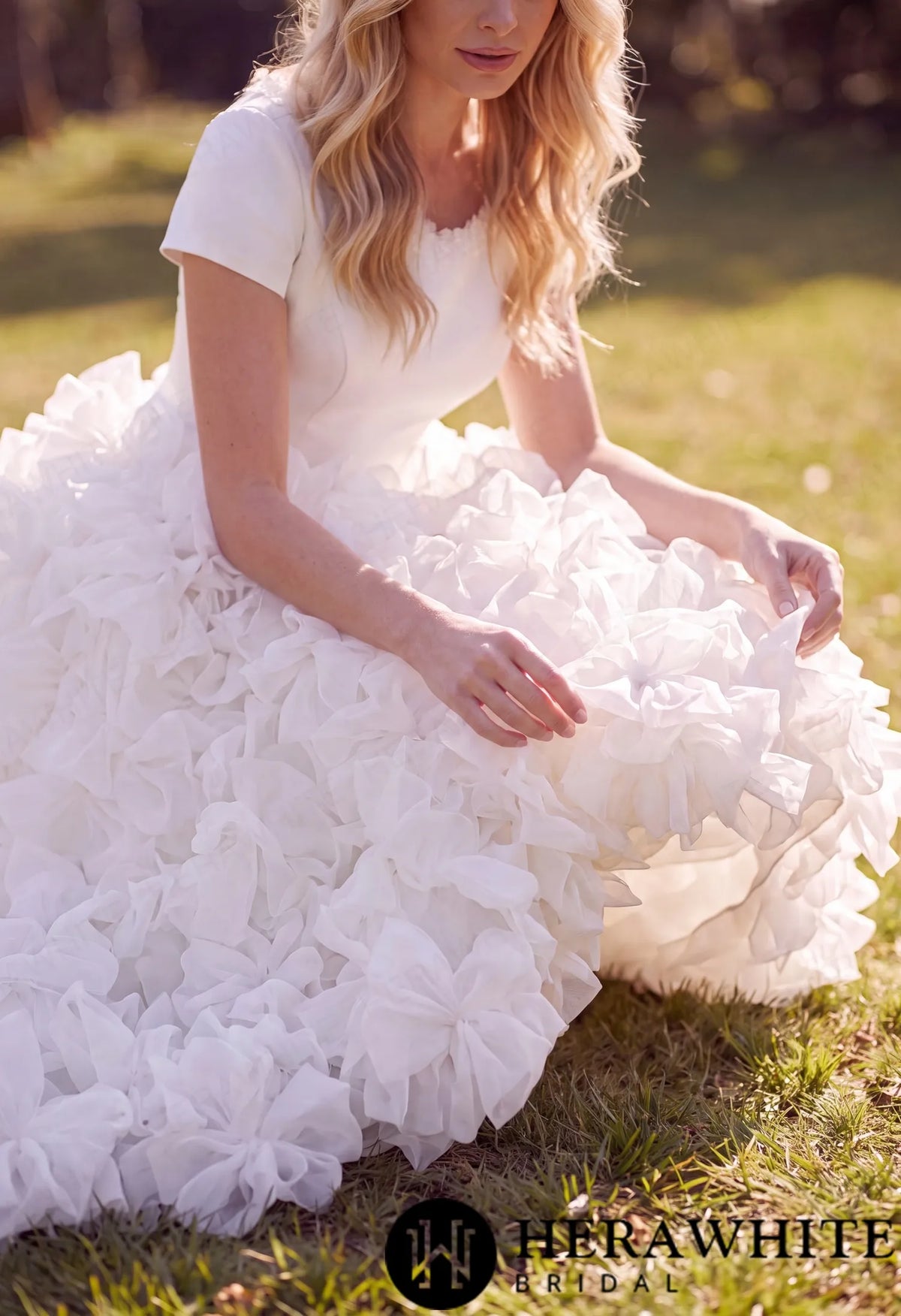 Satin Organza Ball Gown Wedding Dress - Short Sleeves HW3890