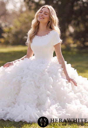 Satin Organza Ball Gown Wedding Dress - Short Sleeves HW3890