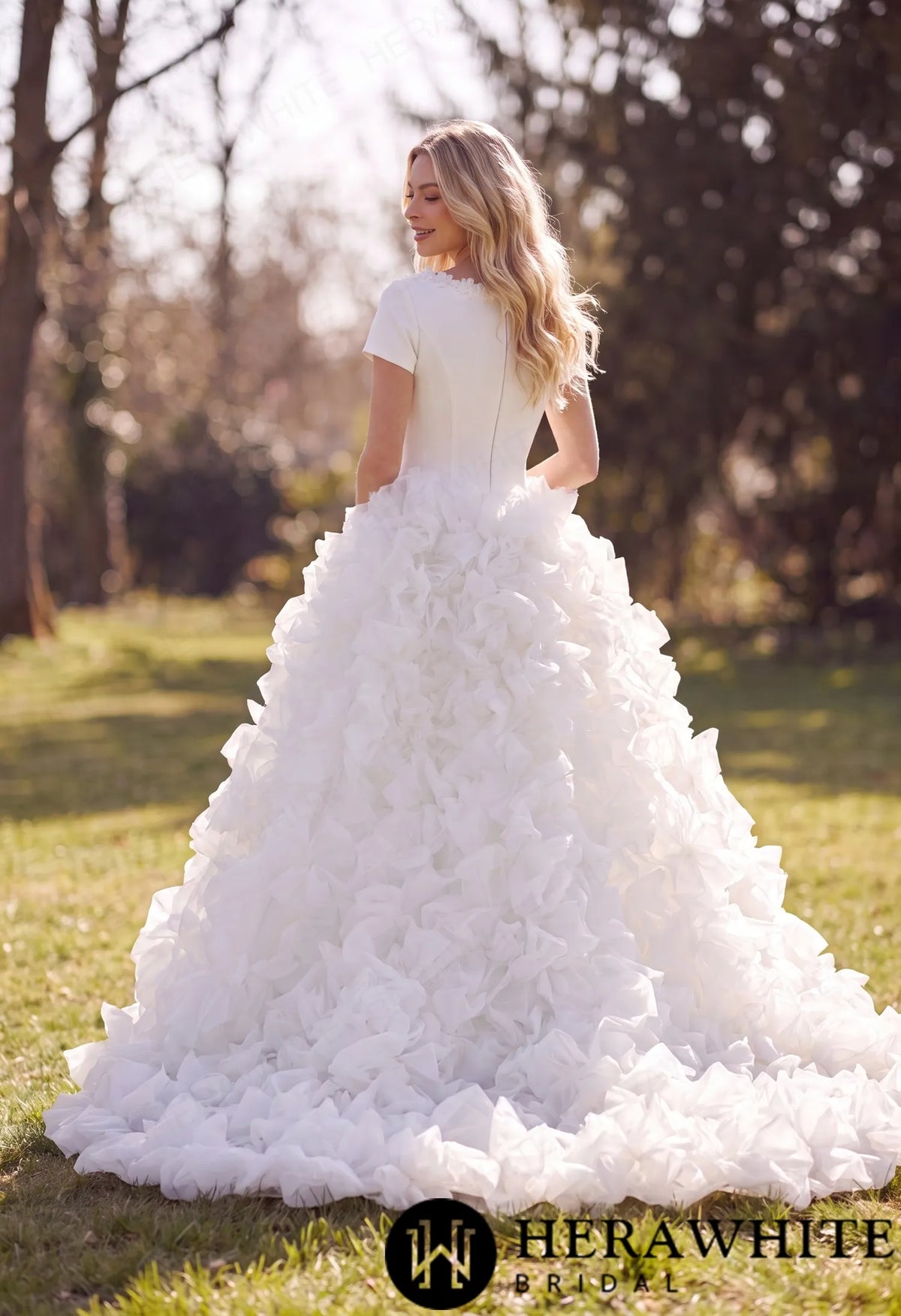 Satin Organza Ball Gown Wedding Dress - Short Sleeves HW3890