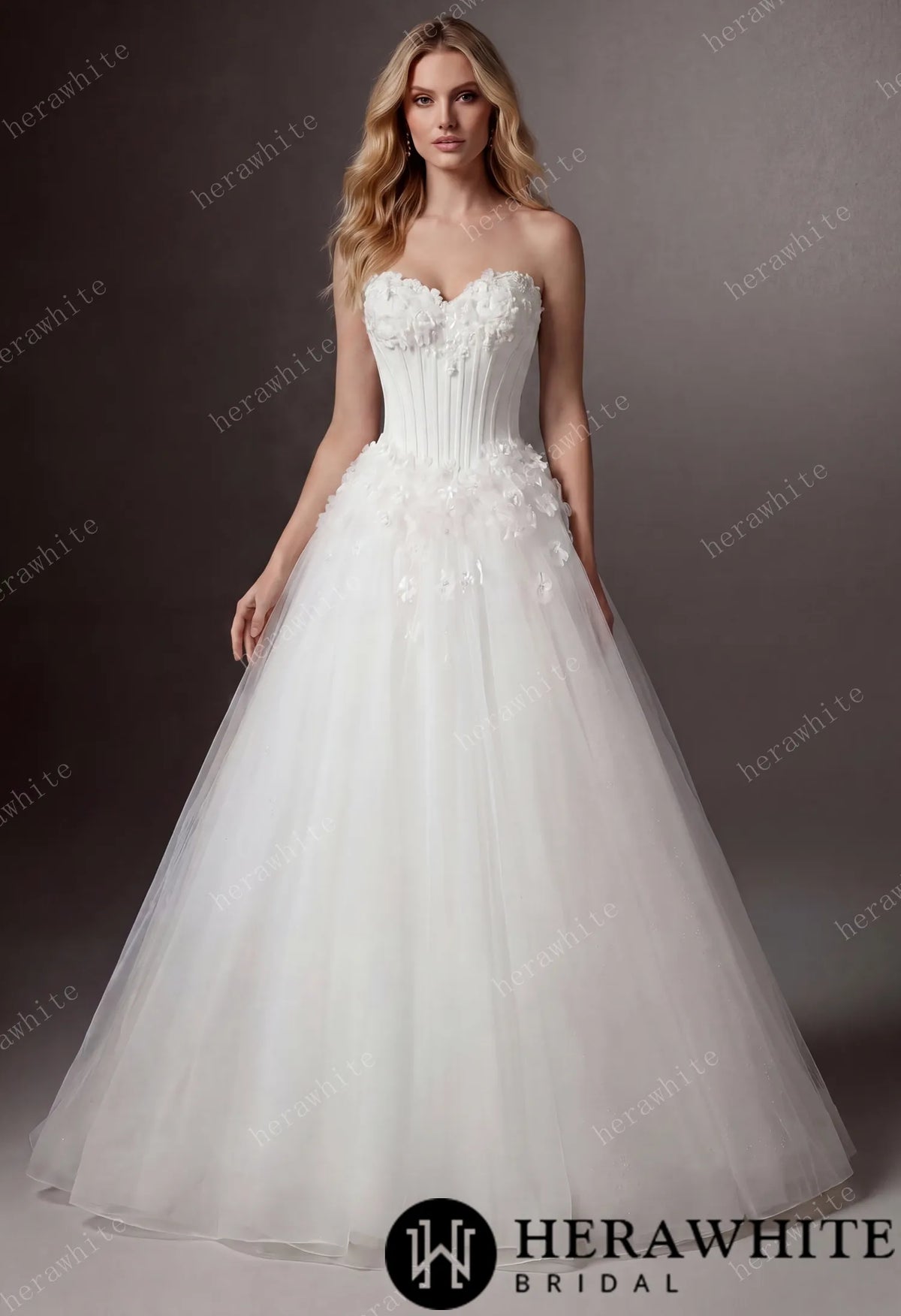 Off-the-Shoulder Sweetheart Corset Ball Gown with Flower Skirt HW3891