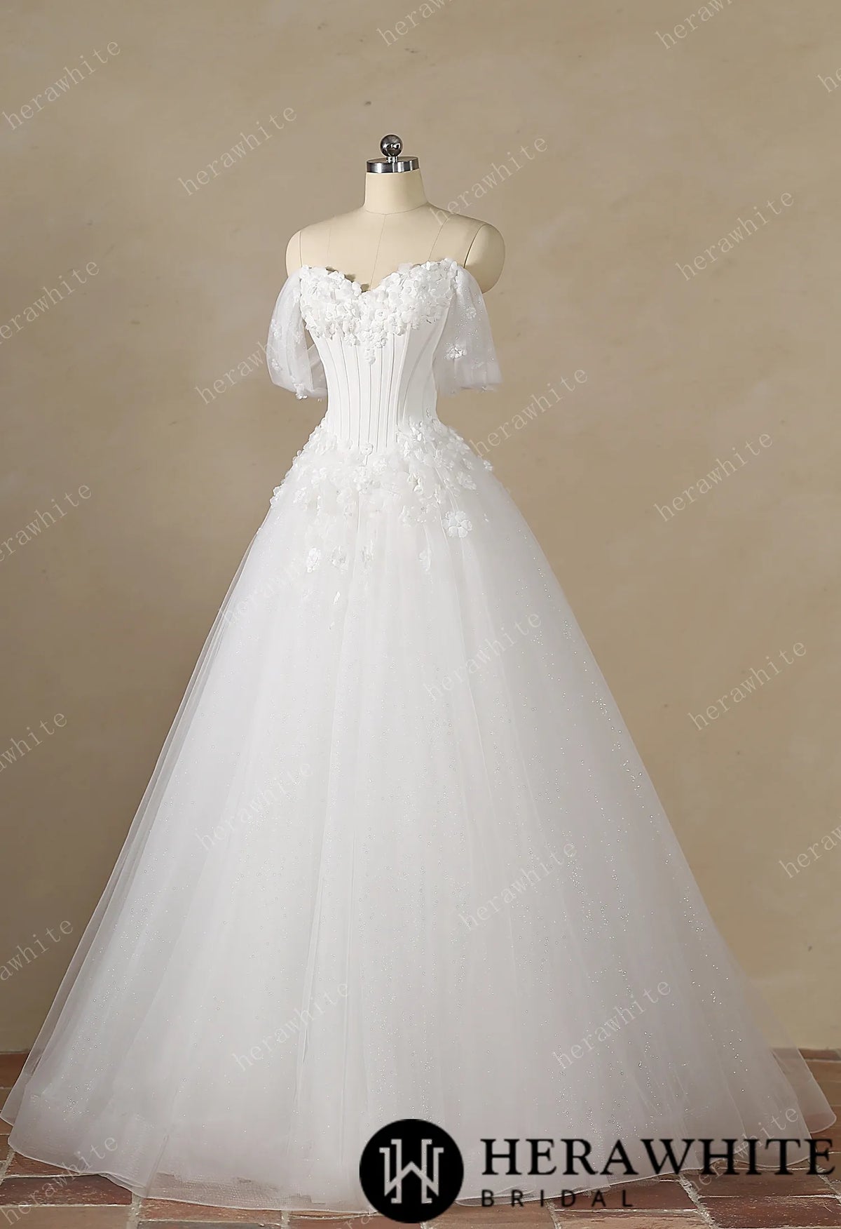 Off-the-Shoulder Sweetheart Corset Ball Gown with Flower Skirt HW3891