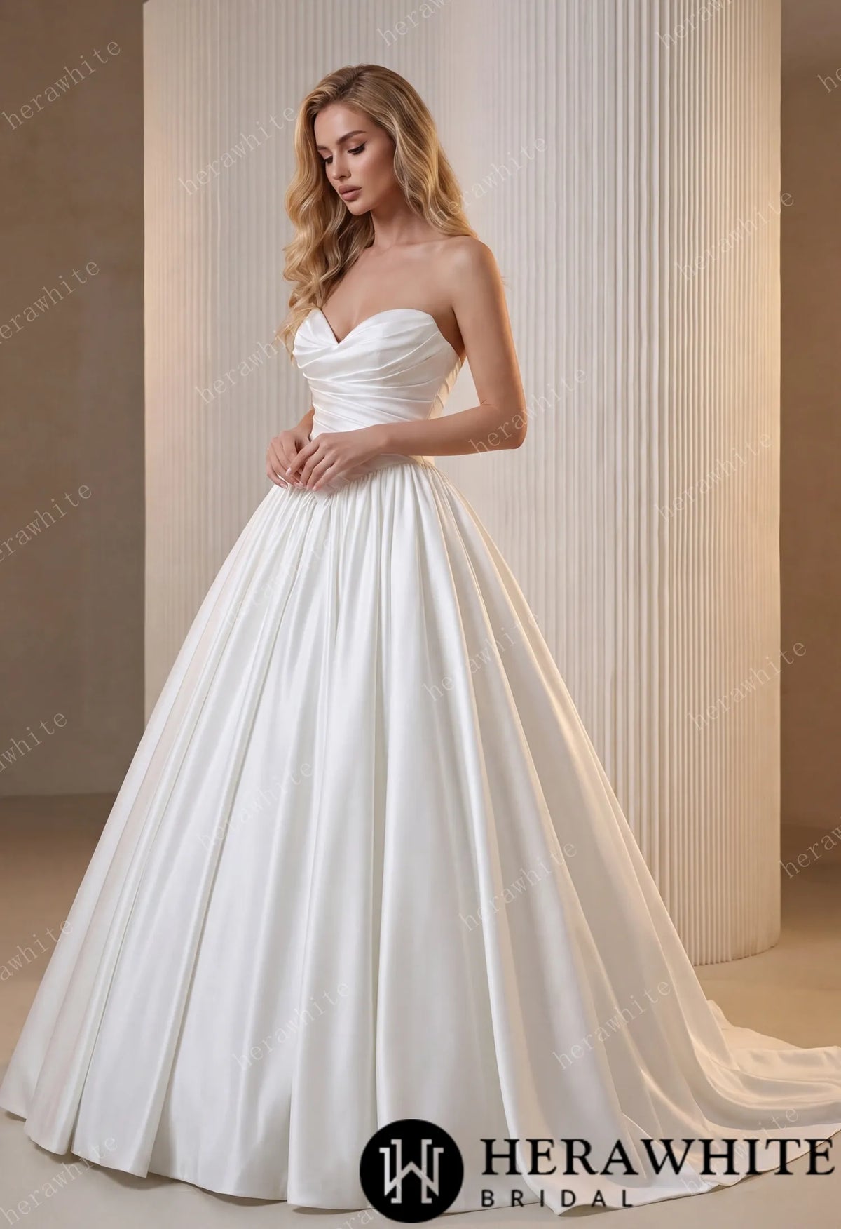Strapless Sweetheart Satin Ball Gown with Pleated Bodice HW3892