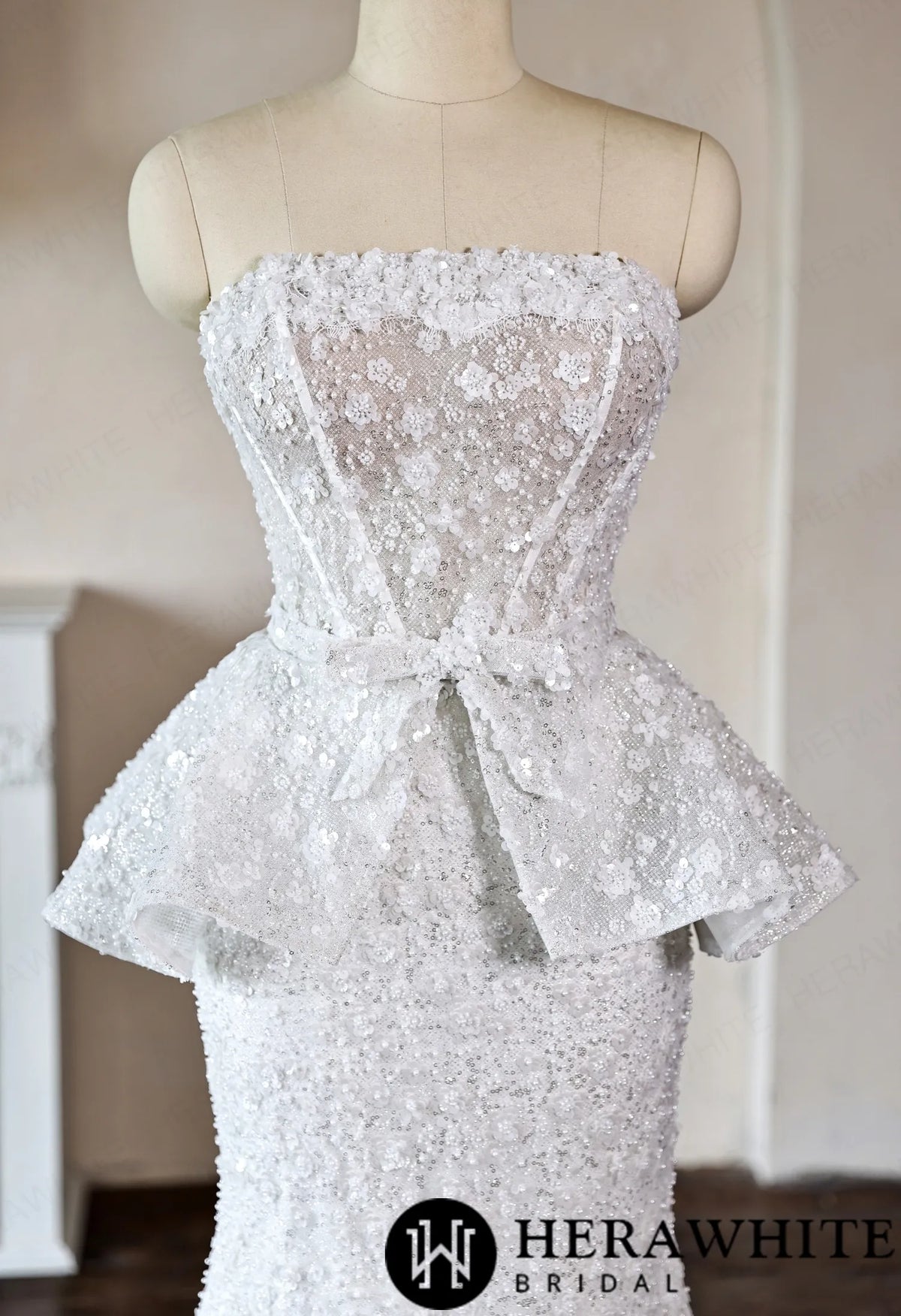 Mermaid Wedding Dress with Beaded Lace Peplum Sash HW3911