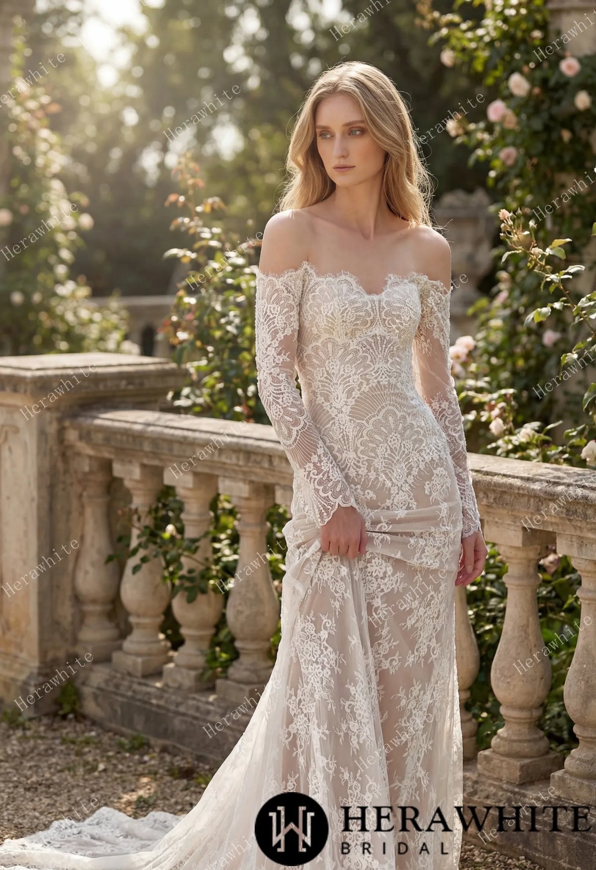 Irregular Neckline Symmetric Lace Off-the-Shoulder Long-Sleeve Bridal Gown with Detachable Tulle Over Skirt HW3912