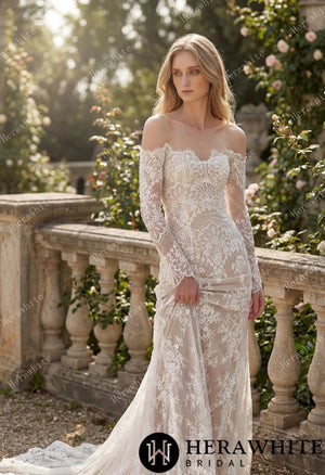 Irregular Neckline Symmetric Lace Off-the-Shoulder Long-Sleeve Bridal Gown with Detachable Tulle Over Skirt HW3912