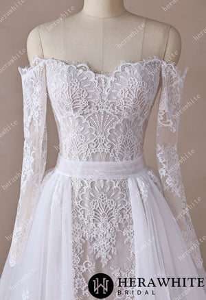 Irregular Neckline Symmetric Lace Off-the-Shoulder Long-Sleeve Bridal Gown with Detachable Tulle Over Skirt HW3912