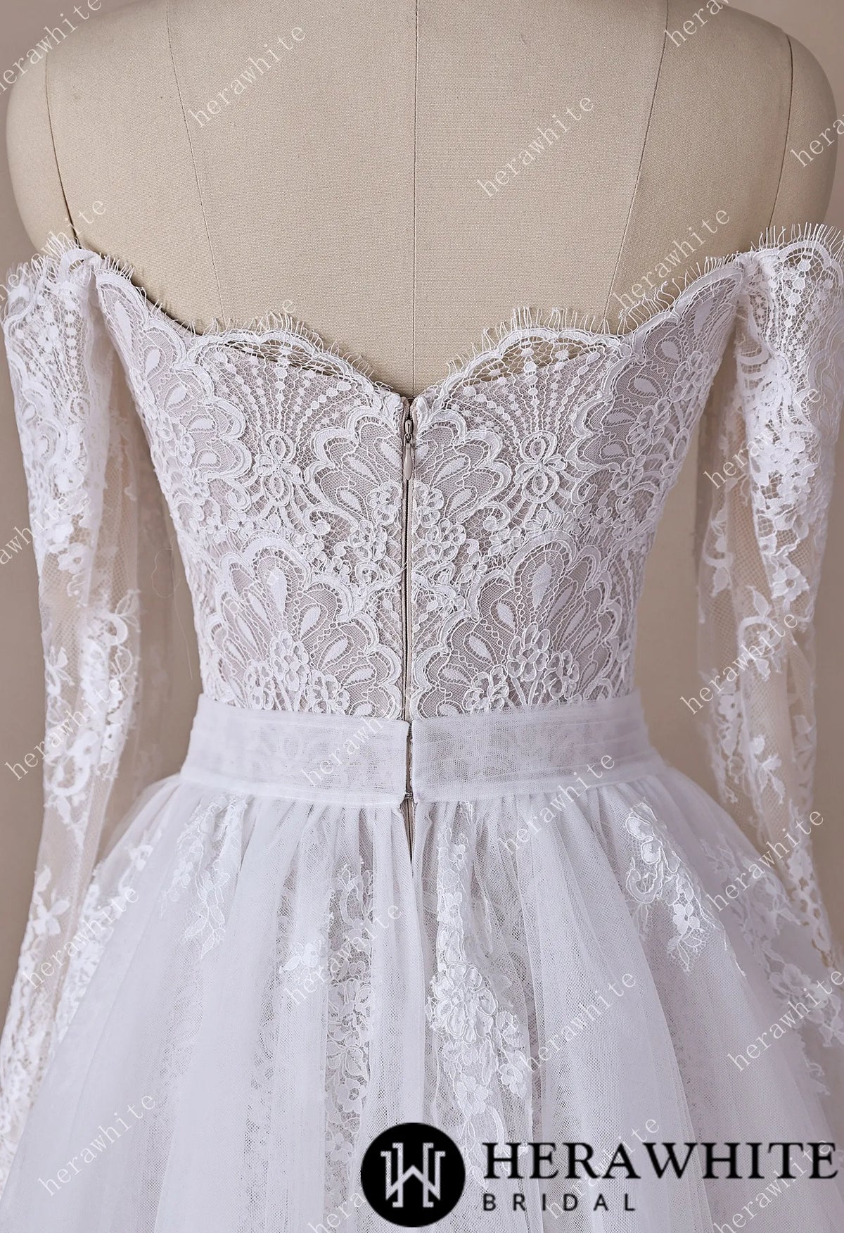 Irregular Neckline Symmetric Lace Off-the-Shoulder Long-Sleeve Bridal Gown with Detachable Tulle Over Skirt HW3912