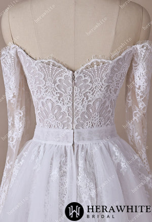 Irregular Neckline Symmetric Lace Off-the-Shoulder Long-Sleeve Bridal Gown with Detachable Tulle Over Skirt HW3912