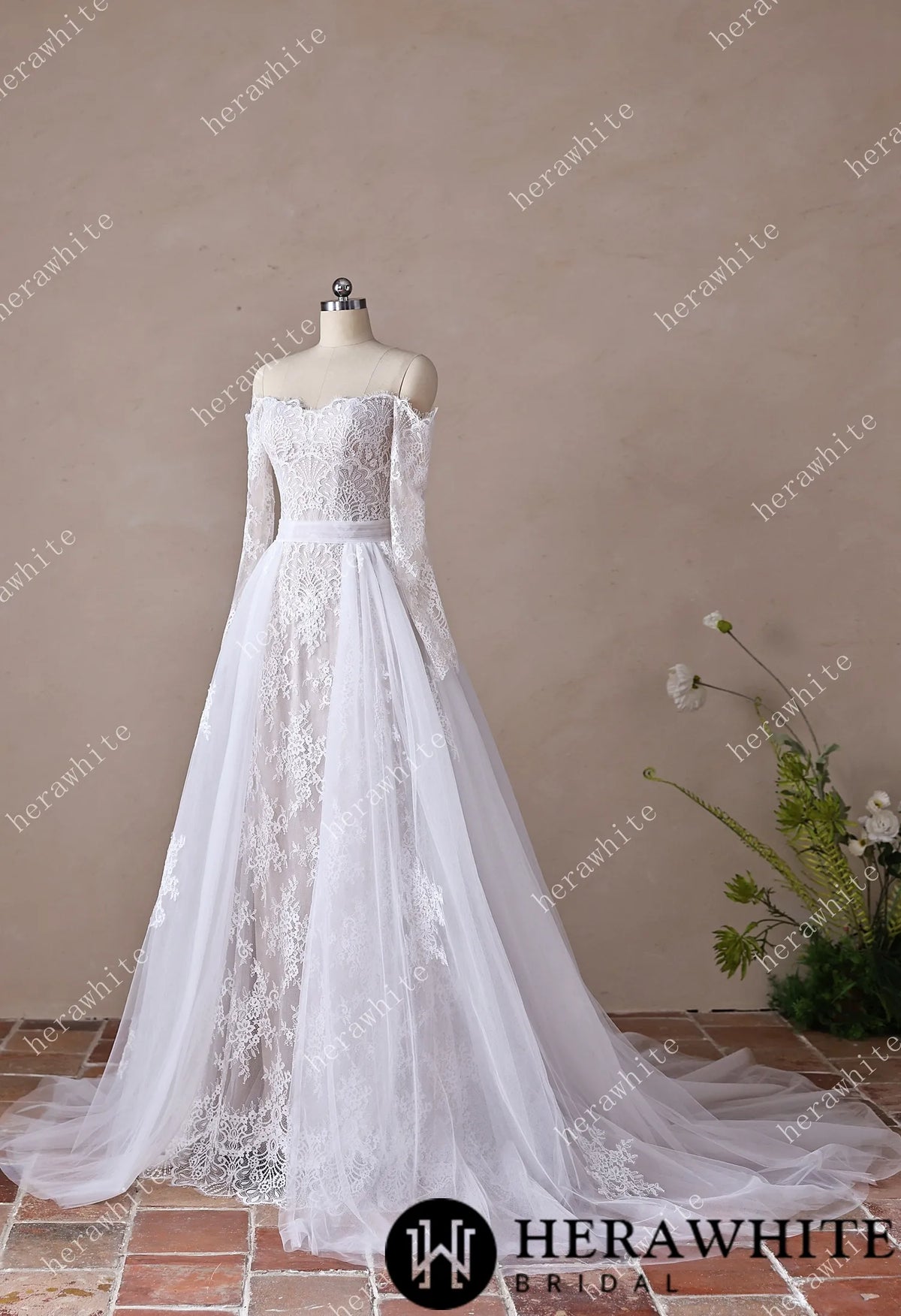 Irregular Neckline Symmetric Lace Off-the-Shoulder Long-Sleeve Bridal Gown with Detachable Tulle Over Skirt HW3912