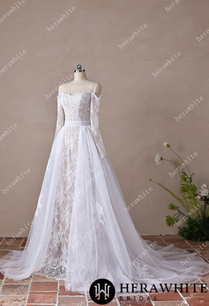 Irregular Neckline Symmetric Lace Off-the-Shoulder Long-Sleeve Bridal Gown with Detachable Tulle Over Skirt HW3912