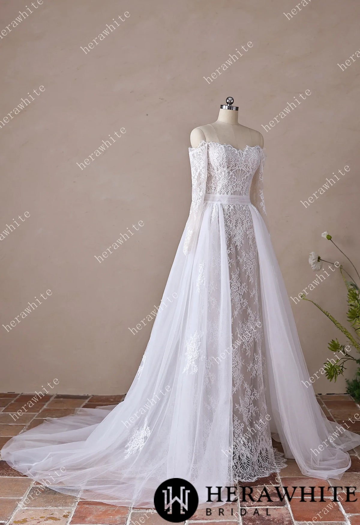 Irregular Neckline Symmetric Lace Off-the-Shoulder Long-Sleeve Bridal Gown with Detachable Tulle Over Skirt HW3912