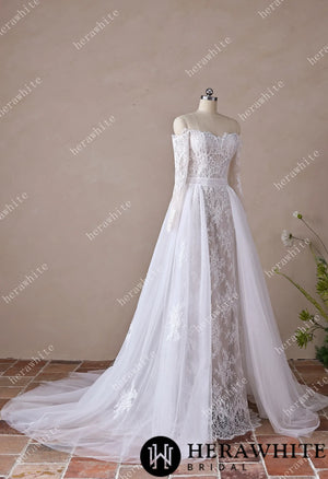 Irregular Neckline Symmetric Lace Off-the-Shoulder Long-Sleeve Bridal Gown with Detachable Tulle Over Skirt HW3912