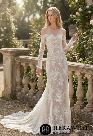 Irregular Neckline Symmetric Lace Off-the-Shoulder Long-Sleeve Bridal Gown with Detachable Tulle Over Skirt HW3912