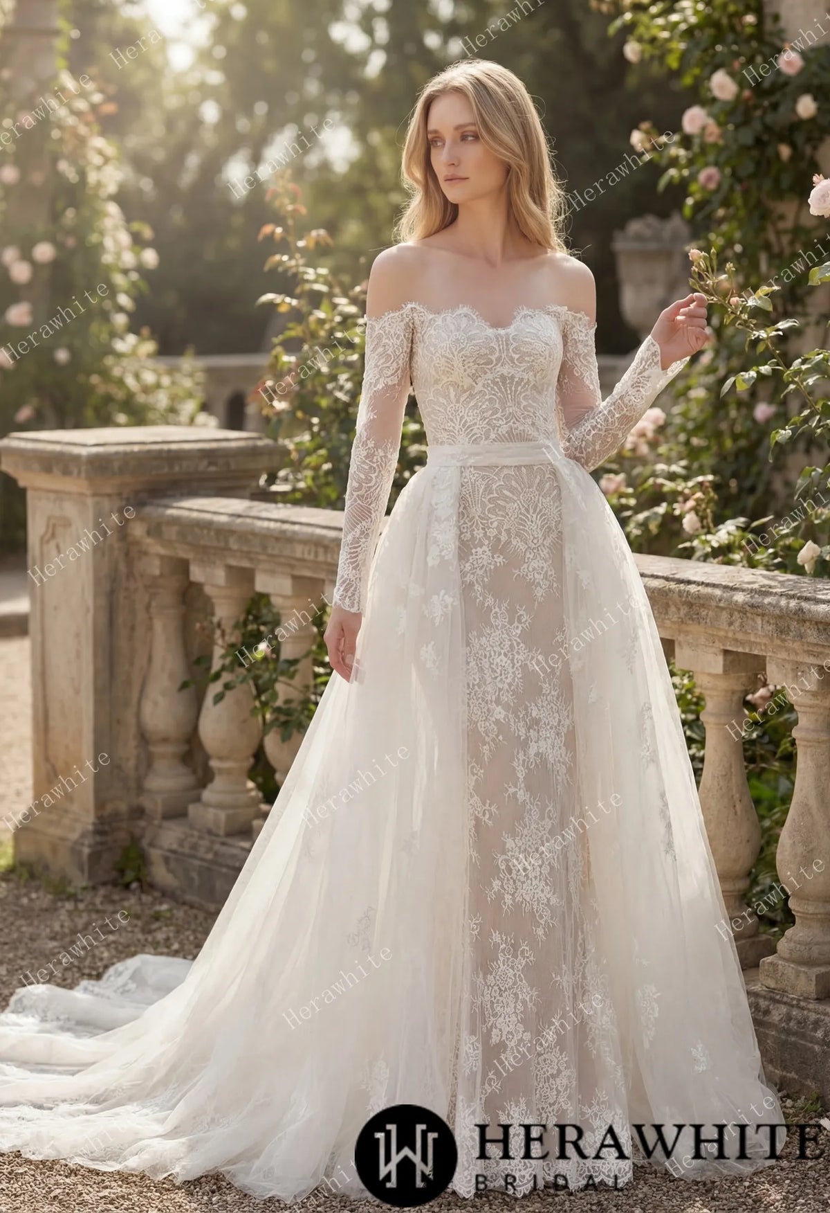Irregular Neckline Symmetric Lace Off-the-Shoulder Long-Sleeve Bridal Gown with Detachable Tulle Over Skirt HW3912