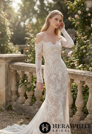 Irregular Neckline Symmetric Lace Off-the-Shoulder Long-Sleeve Bridal Gown with Detachable Tulle Over Skirt HW3912