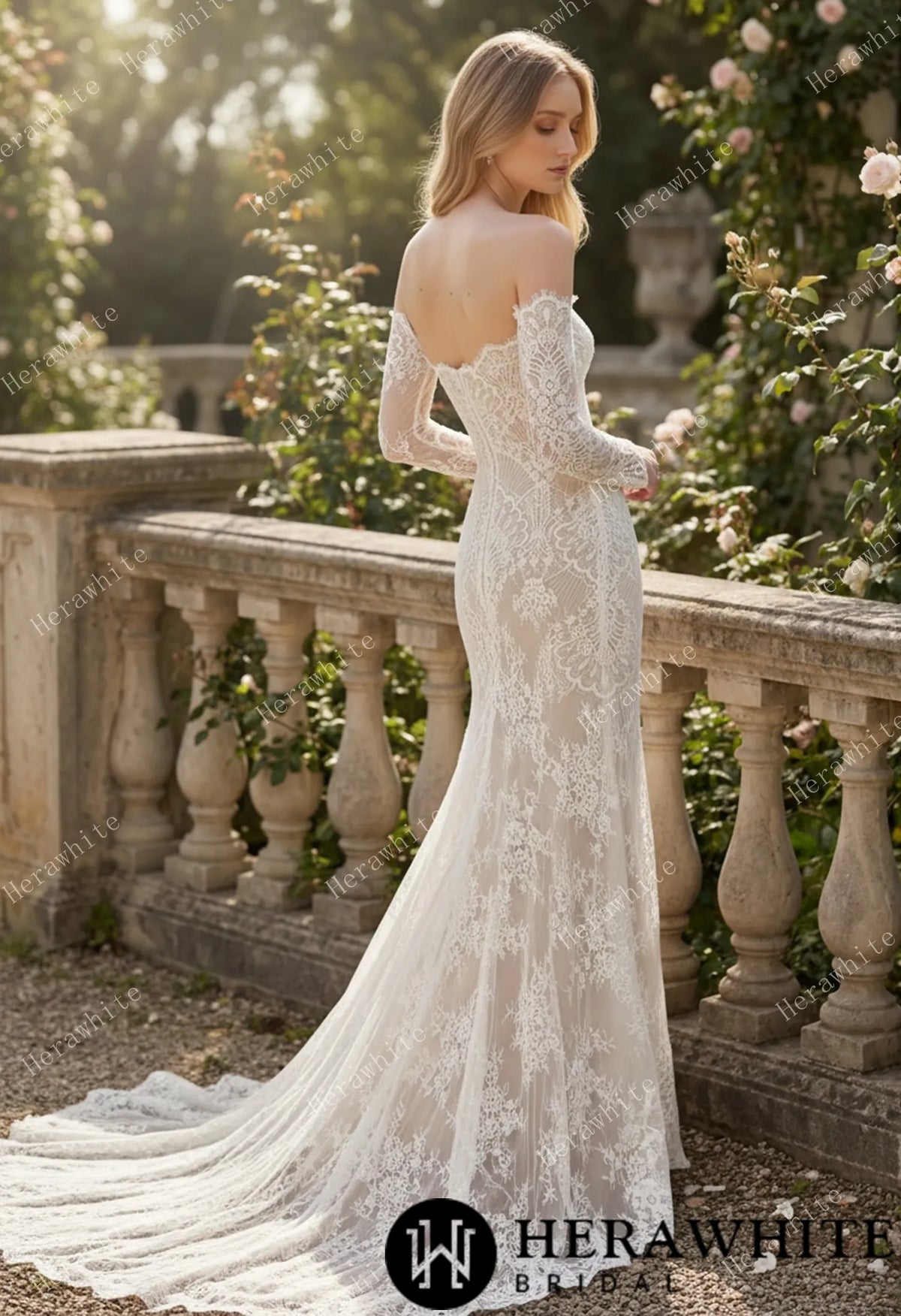 Irregular Neckline Symmetric Lace Off-the-Shoulder Long-Sleeve Bridal Gown with Detachable Tulle Over Skirt HW3912