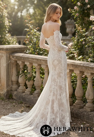 Irregular Neckline Symmetric Lace Off-the-Shoulder Long-Sleeve Bridal Gown with Detachable Tulle Over Skirt HW3912