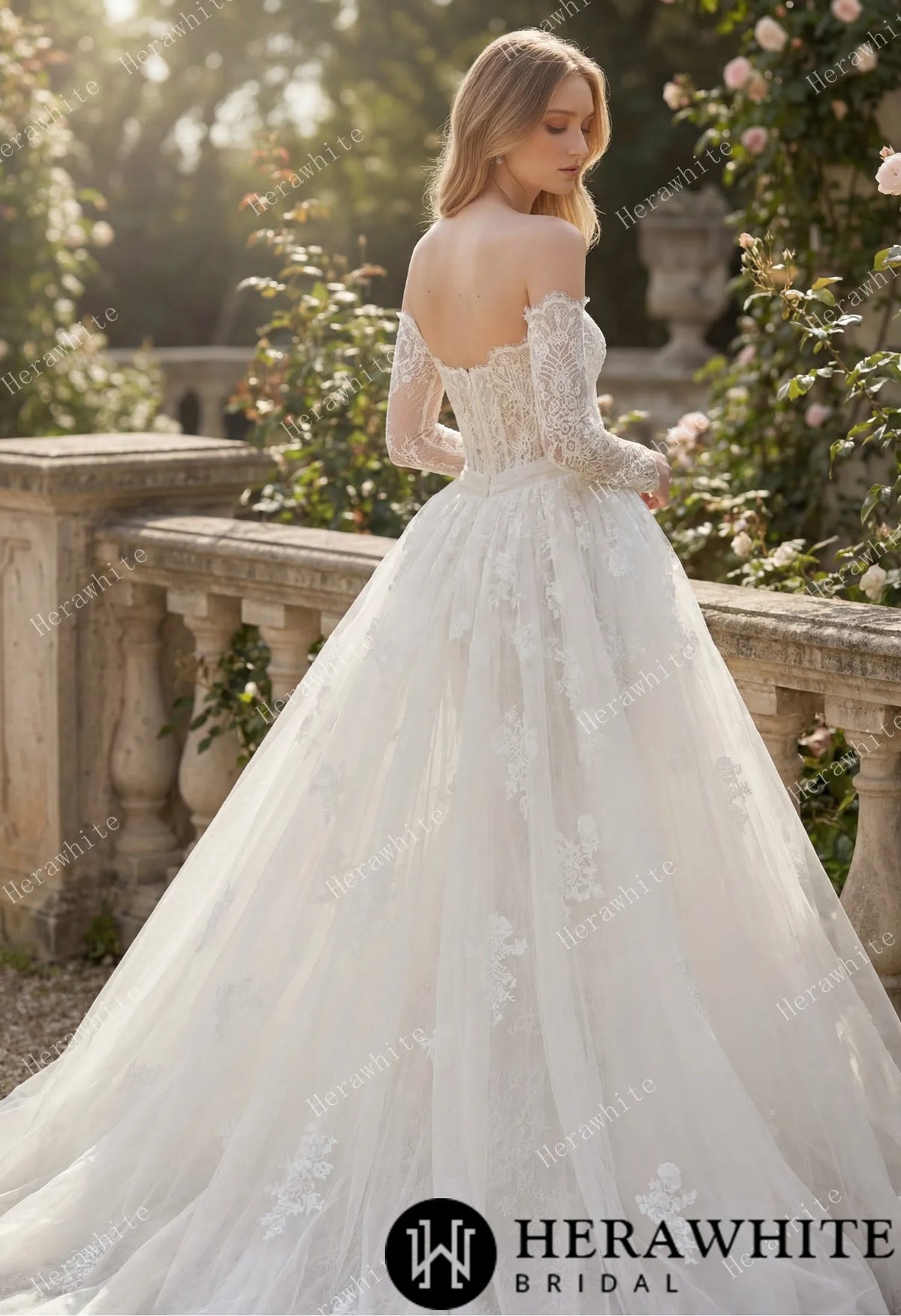 Irregular Neckline Symmetric Lace Off-the-Shoulder Long-Sleeve Bridal Gown with Detachable Tulle Over Skirt HW3912