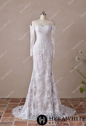 Irregular Neckline Symmetric Lace Off-the-Shoulder Long-Sleeve Bridal Gown with Detachable Tulle Over Skirt HW3912