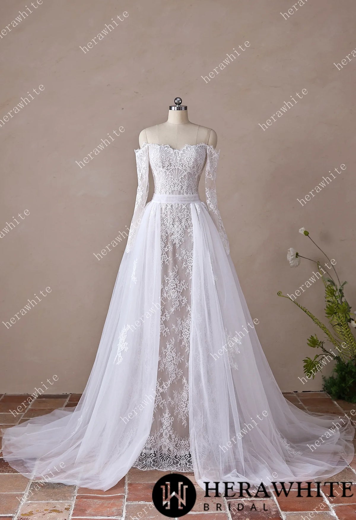 Irregular Neckline Symmetric Lace Off-the-Shoulder Long-Sleeve Bridal Gown with Detachable Tulle Over Skirt HW3912