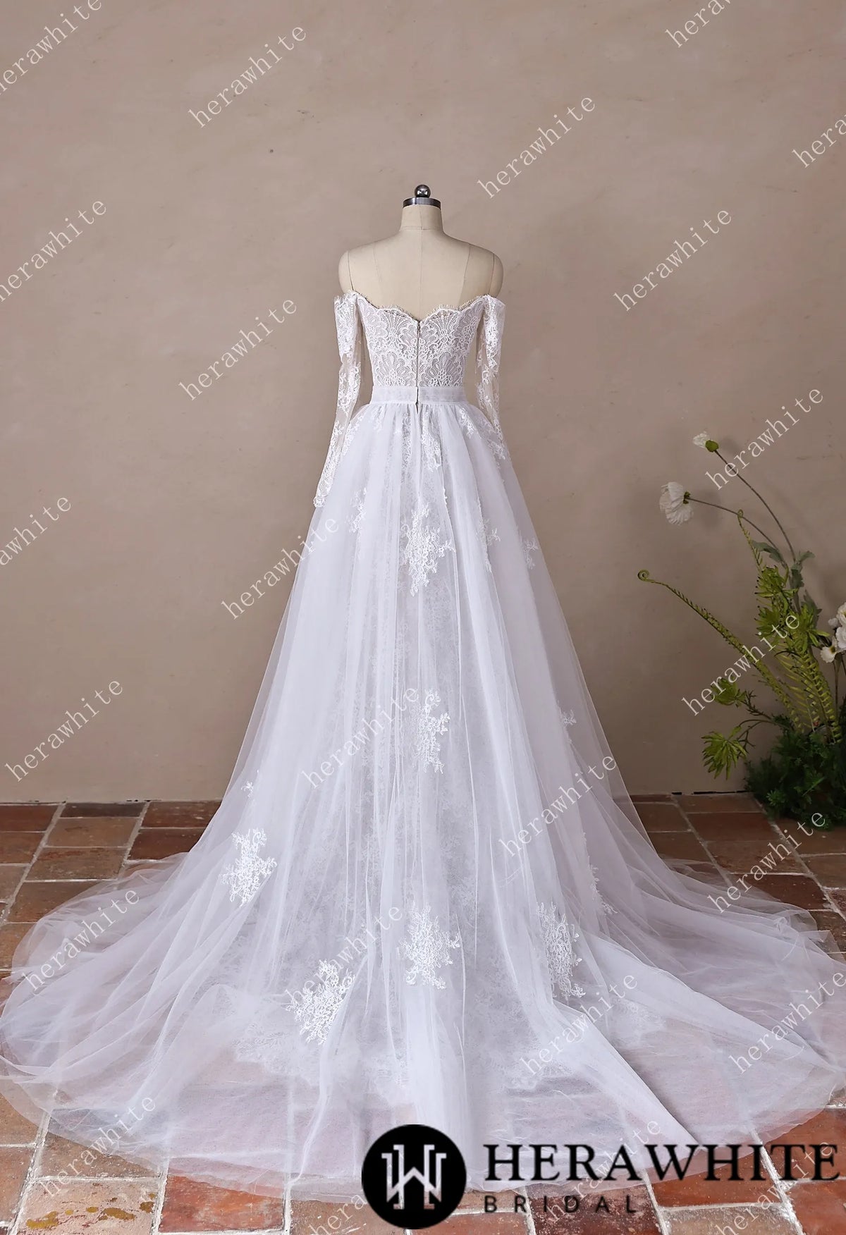 Irregular Neckline Symmetric Lace Off-the-Shoulder Long-Sleeve Bridal Gown with Detachable Tulle Over Skirt HW3912