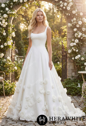 Square Neck Wide Strap Satin Bridal Gown with 3D Floral Skirt & Deep U-Back HW3913