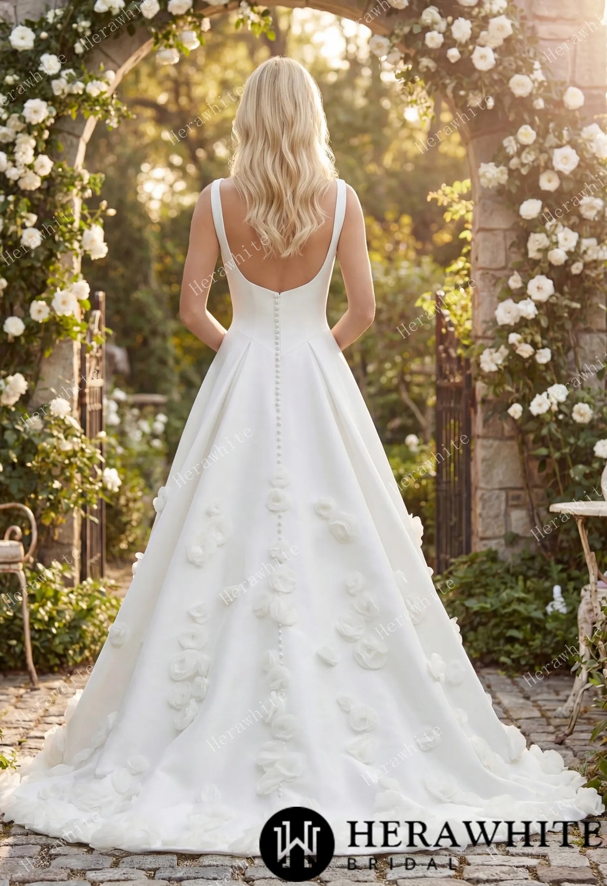 Square Neck Wide Strap Satin Bridal Gown with 3D Floral Skirt & Deep U-Back HW3913