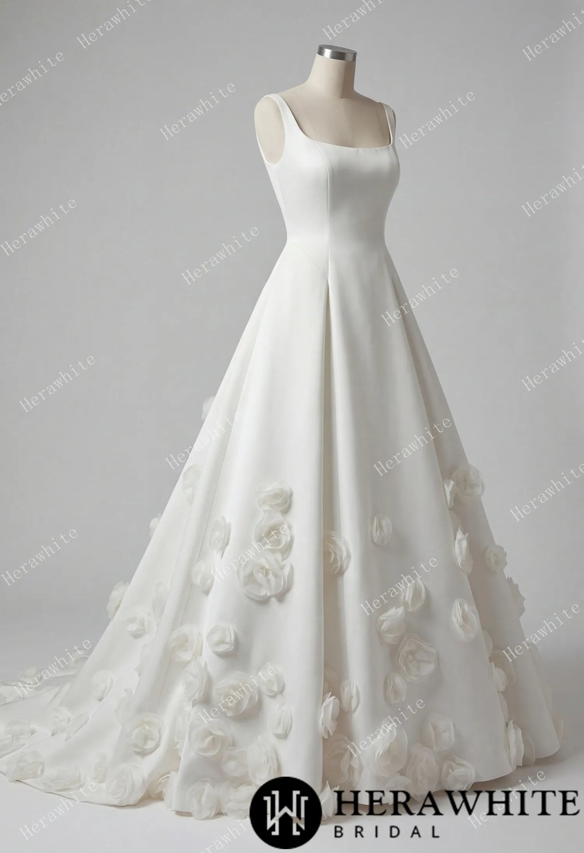 Square Neck Wide Strap Satin Bridal Gown with 3D Floral Skirt & Deep U-Back HW3913