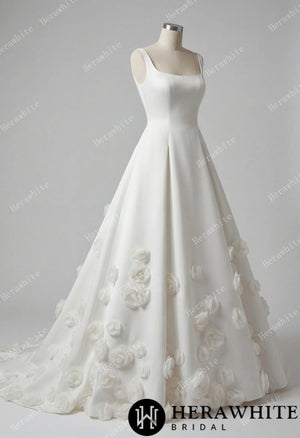 Square Neck Wide Strap Satin Bridal Gown with 3D Floral Skirt & Deep U-Back HW3913
