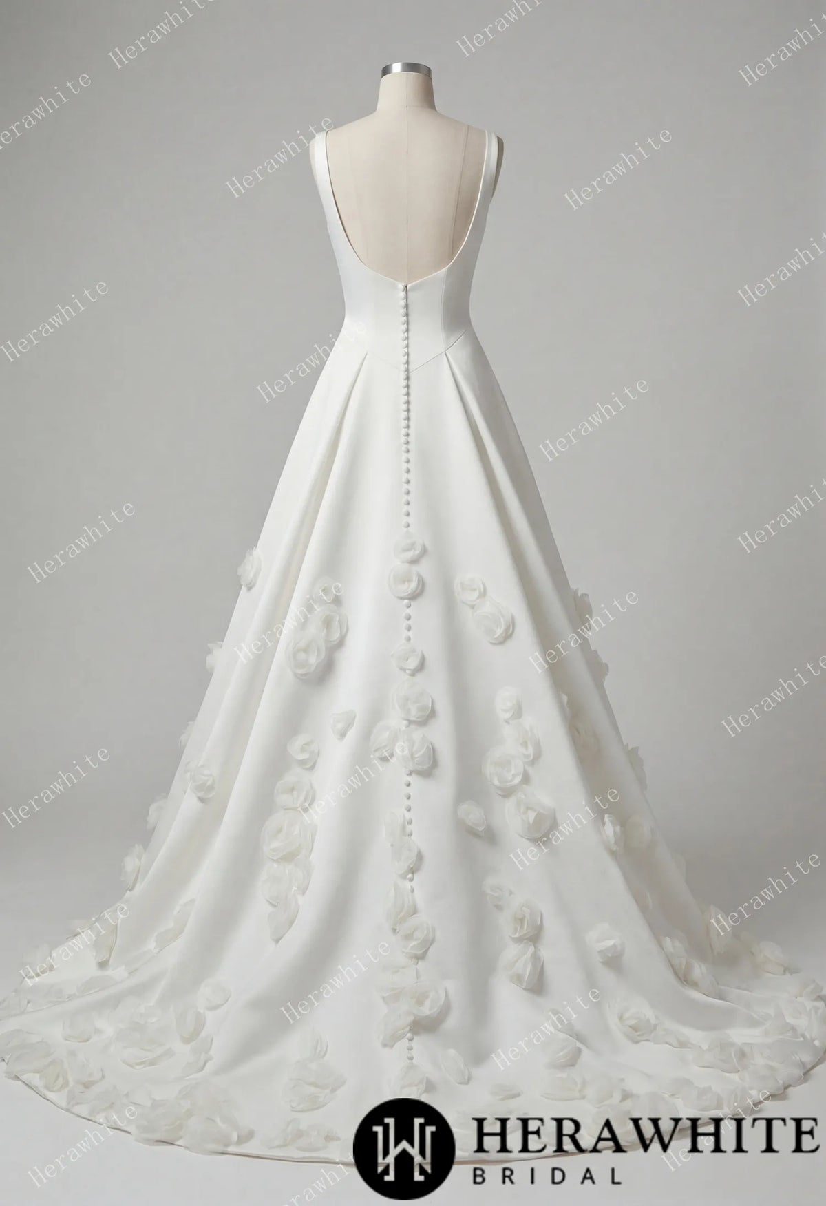 Square Neck Wide Strap Satin Bridal Gown with 3D Floral Skirt & Deep U-Back HW3913