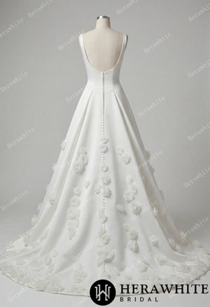 Square Neck Wide Strap Satin Bridal Gown with 3D Floral Skirt & Deep U-Back HW3913
