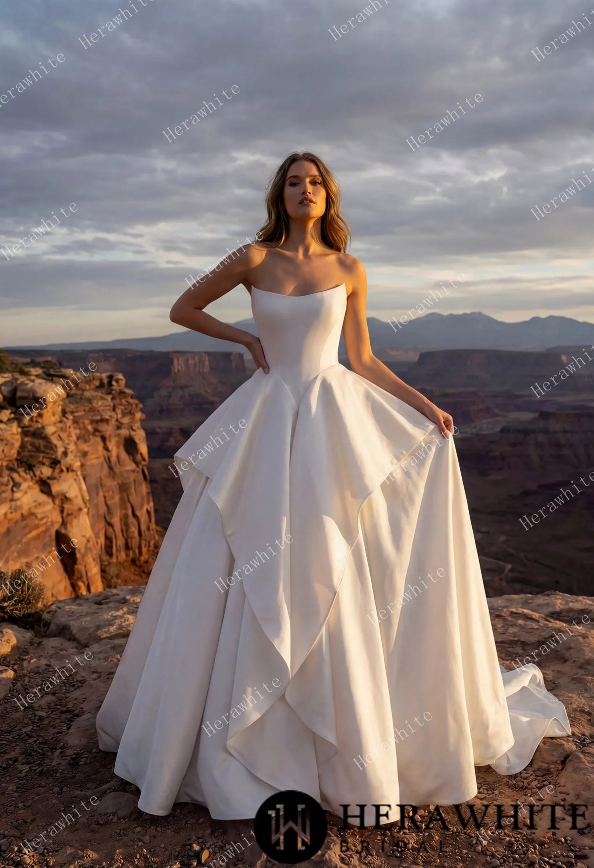 Scoop Neck Satin Bridal Gown with Asymmetric Pleats Waist & Detachable Scarf HW3914