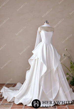 Scoop Neck Satin Bridal Gown with Asymmetric Pleats Waist & Detachable Scarf HW3914