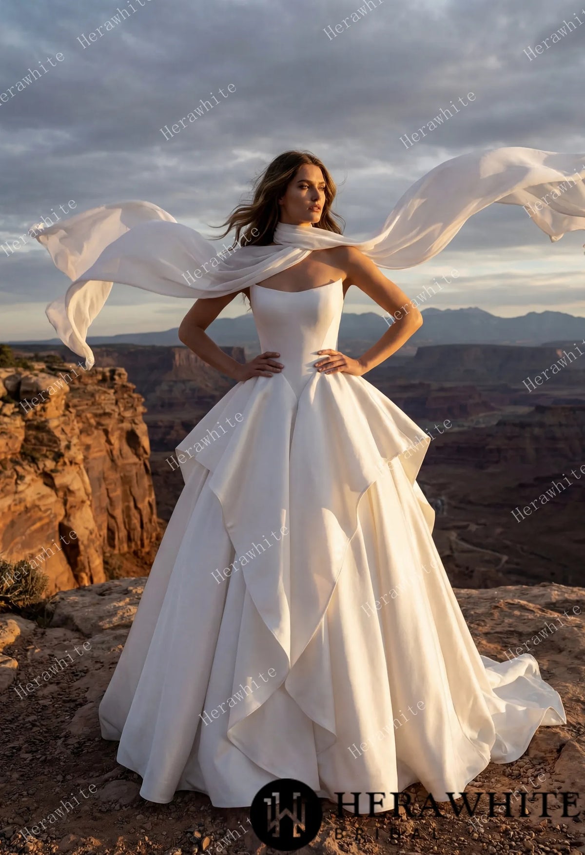 Scoop Neck Satin Bridal Gown with Asymmetric Pleats Waist & Detachable Scarf HW3914