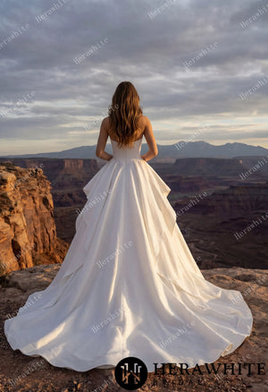 Scoop Neck Satin Bridal Gown with Asymmetric Pleats Waist & Detachable Scarf HW3914