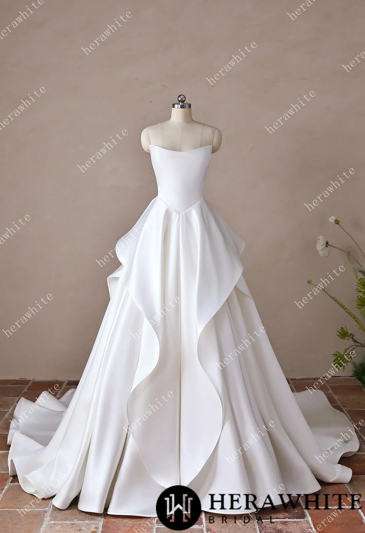 Scoop Neck Satin Bridal Gown with Asymmetric Pleats Waist & Detachable Scarf HW3914