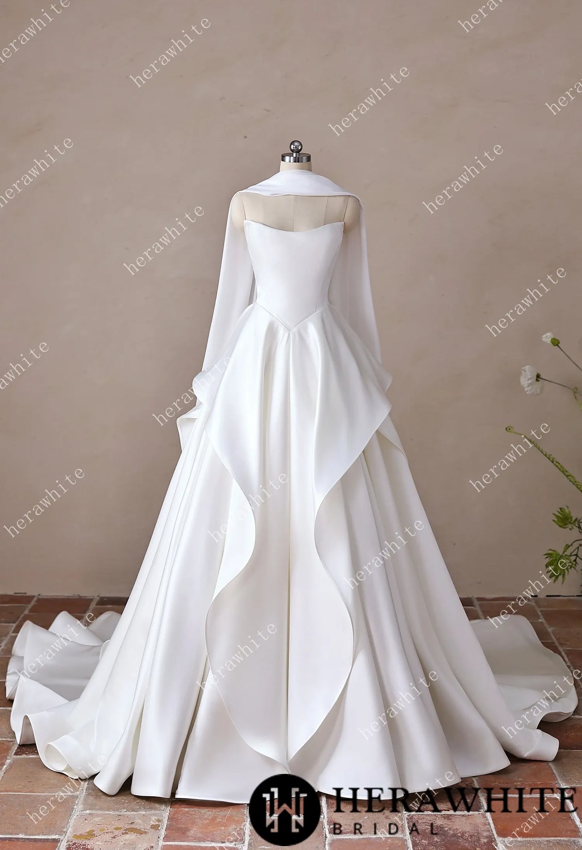 Scoop Neck Satin Bridal Gown with Asymmetric Pleats Waist & Detachable Scarf HW3914