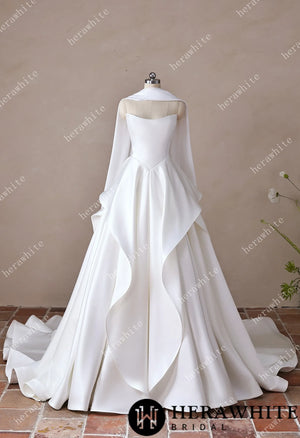 Scoop Neck Satin Bridal Gown with Asymmetric Pleats Waist & Detachable Scarf HW3914