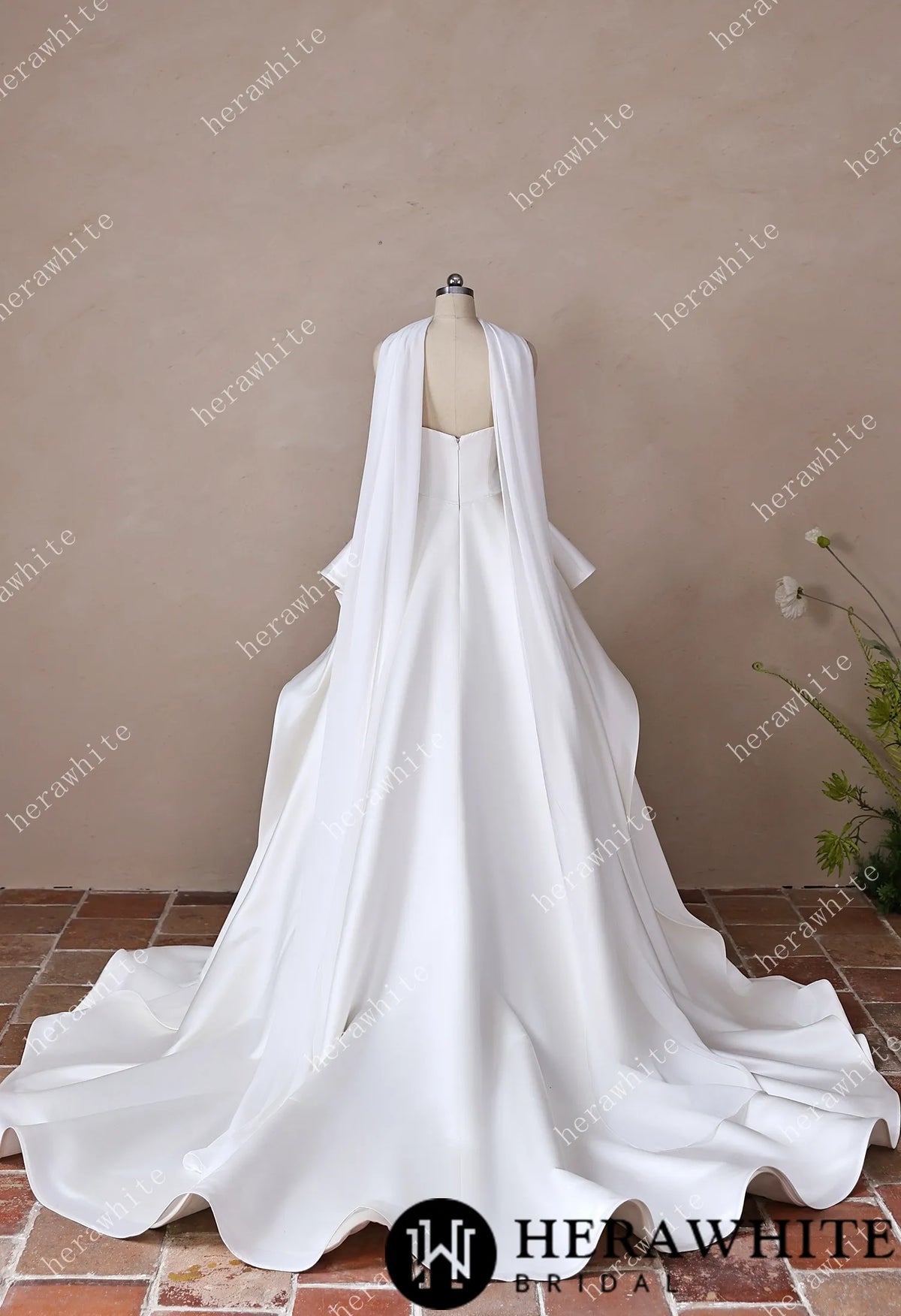 Scoop Neck Satin Bridal Gown with Asymmetric Pleats Waist & Detachable Scarf HW3914