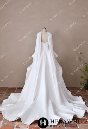 Scoop Neck Satin Bridal Gown with Asymmetric Pleats Waist & Detachable Scarf HW3914