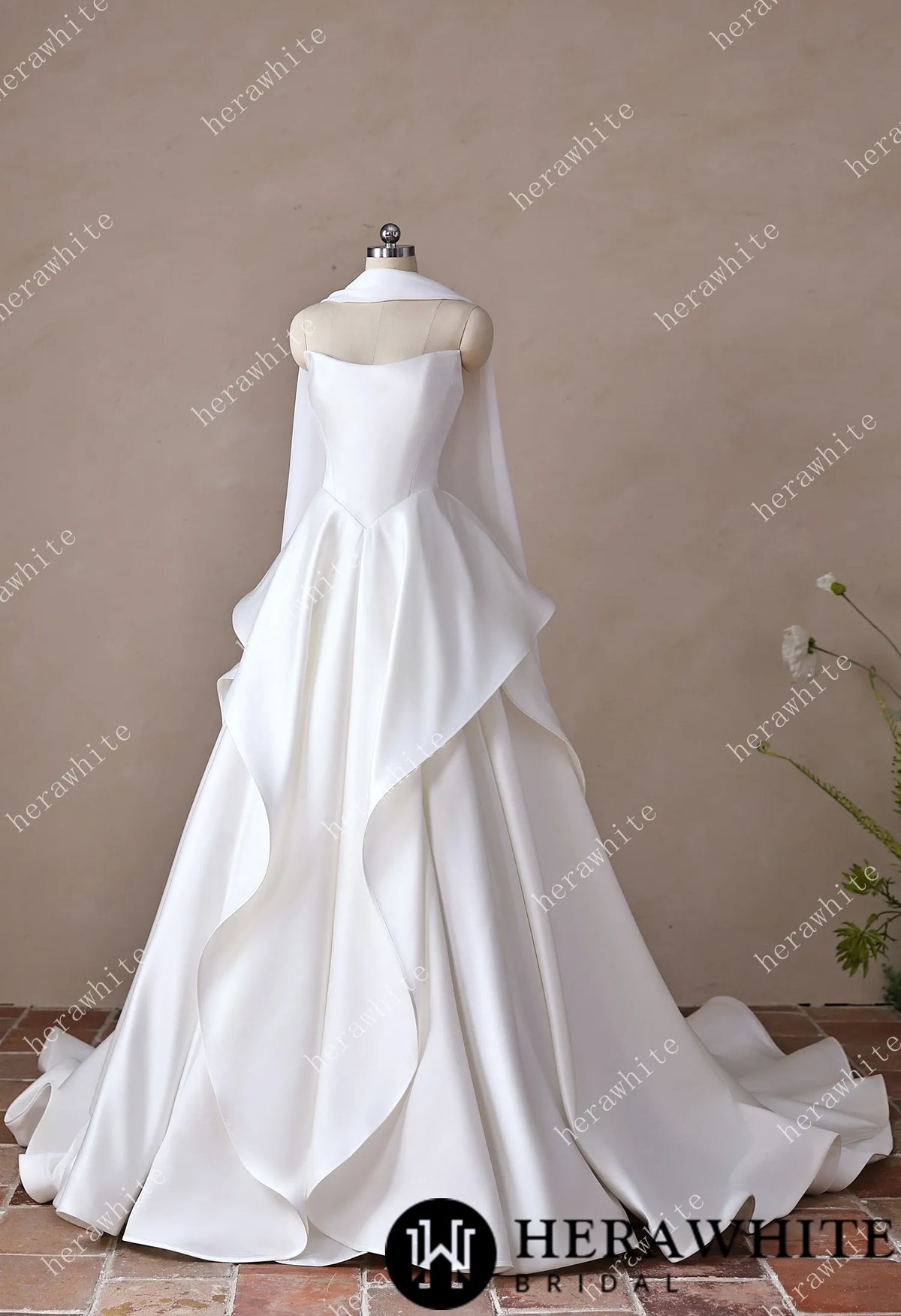 Scoop Neck Satin Bridal Gown with Asymmetric Pleats Waist & Detachable Scarf HW3914