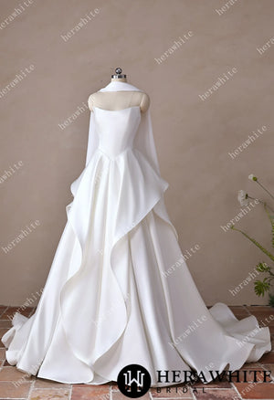 Scoop Neck Satin Bridal Gown with Asymmetric Pleats Waist & Detachable Scarf HW3914