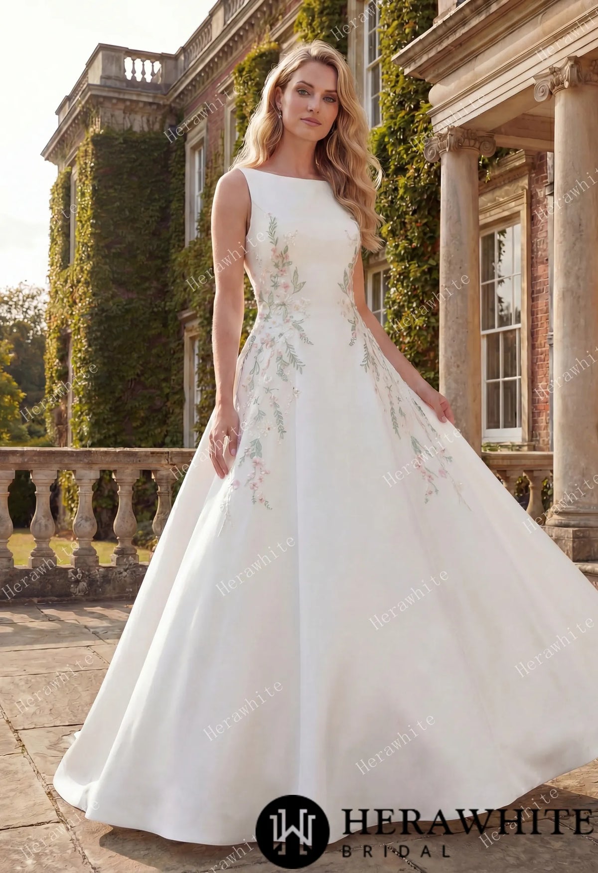 High Neck Satin Ballgown with Florals and Open Back HW3916