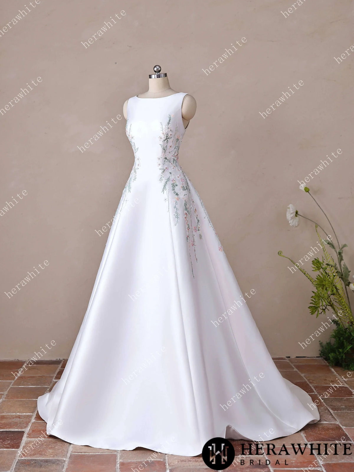 High Neck Satin Ballgown with Florals and Open Back HW3916