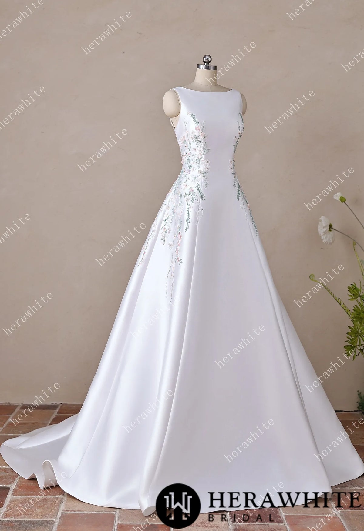 High Neck Satin Ballgown with Florals and Open Back HW3916