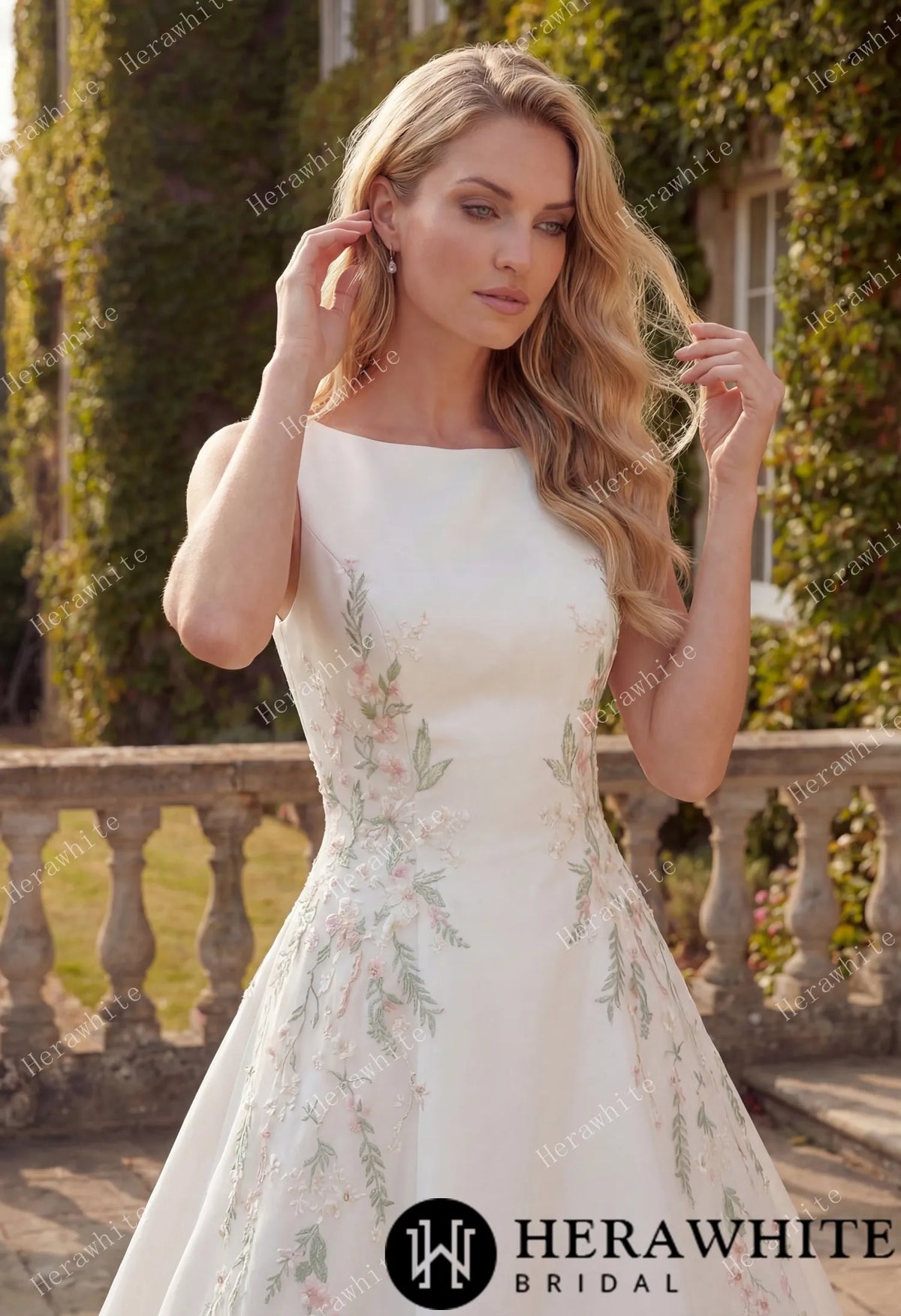 High Neck Satin Ballgown with Florals and Open Back HW3916