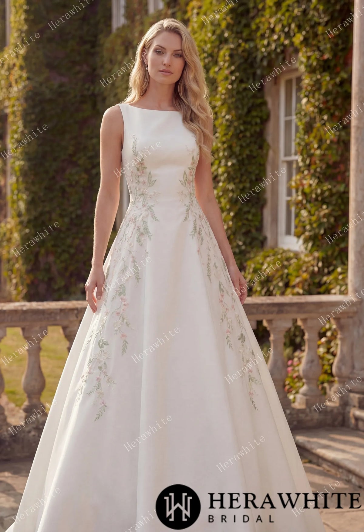 High Neck Satin Ballgown with Florals and Open Back HW3916